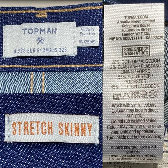 Topman Stretch Skinny Jeans Men's Button Fly Dark Wash 32X29 Short Inseam Denim - Picture 9 of 15